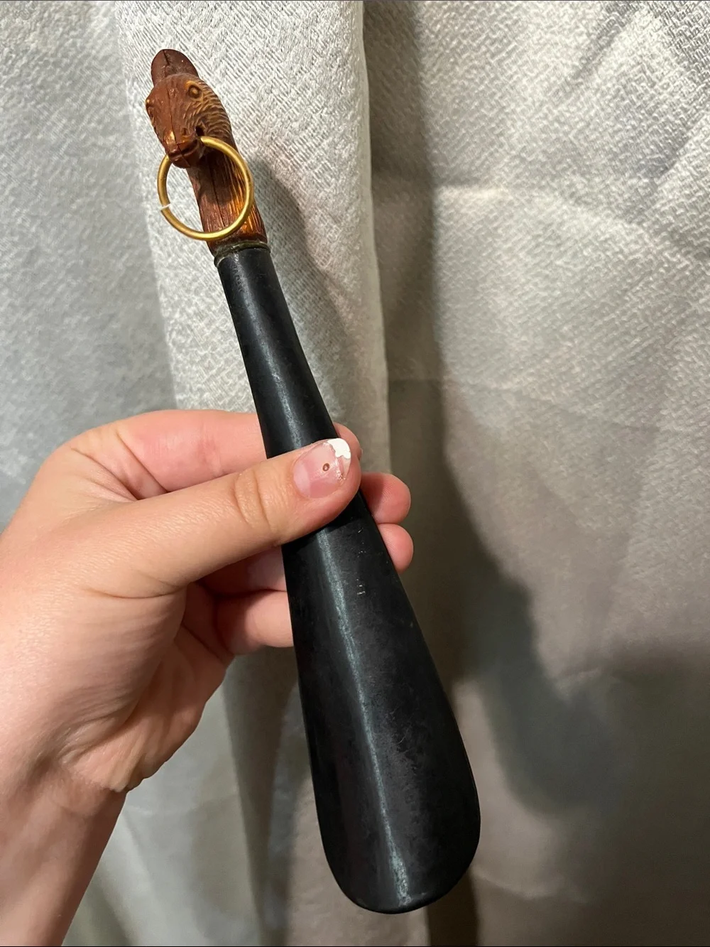 Vintage Handheld Black Shoe Horn with Brown horse Head Handle